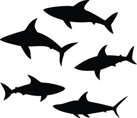 "Dynamic Shark Silhouette Collection Featuring Great White, Hammerhead, and Ocean Wildlife Scenes Vector Illustration"