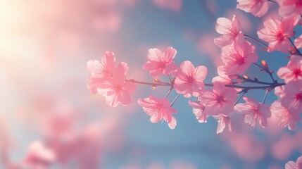 Pink cherry blossoms blooming, sunlit, spring, outdoor, nature background, website banner