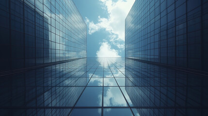 Modern glass buildings reflect sky, creating stunning visual effect