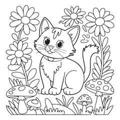 Coloring page featuring an adorable cat surrounded by blooming flowers.