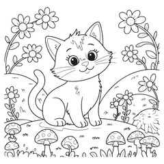Coloring page of a playful kitten sitting in a flower-filled garden.