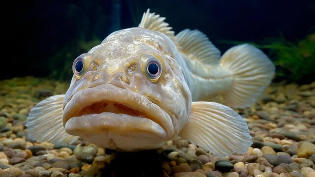 Close-up portrait of a pale lingcod swimming among smooth colorful stones in an underwater aquatic environment and dark background with green vegetation