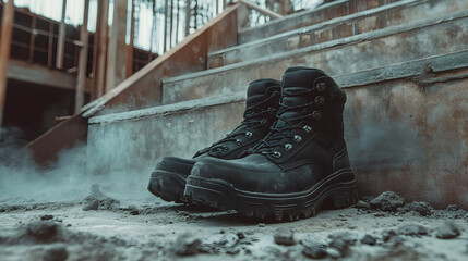 Male construction worker in safety shoes standing on dusty construction site, industrial background.