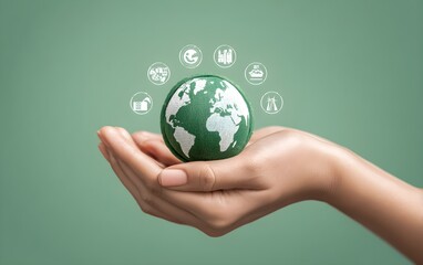 Green technology or Environmental technology to Sustainable development goal (SDGs) concept. Hands holding Global with Environment icon on a green background. Business Value Chain. Net zero concept.