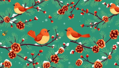 Fototapeta premium Charming winter forest seamless pattern featuring cartoon birds, branches, and pine cones Vector illustration, backdrop, illustration