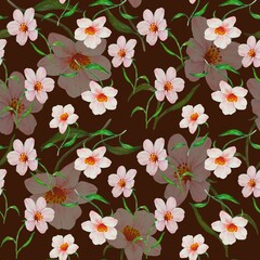 Floral seamless watercolor pattern with twigs pink flowers repeating on mocha dark brown background. Floral design for textiles, wallpapers, bedding, cards and packaging.