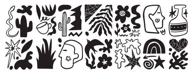 Matisse geometric doodle set organic shapes. Abstract floral naive art. Botanic elements boho aesthetics