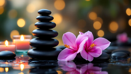 Relaxing spa stones and lit candles with flowers