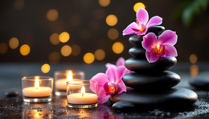 Relaxing spa stones and lit candles with flowers