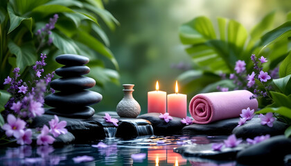 Relaxing spa stones and lit candles with flowers