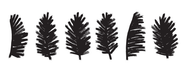 Exotic palm bold leaves grunge doodle style set. Brush hand drawn tropical palm leaves isolated ink style.  © Yanka