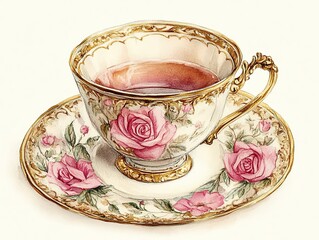 Elegant tea cup with pink roses, golden accents, and warm beverage.