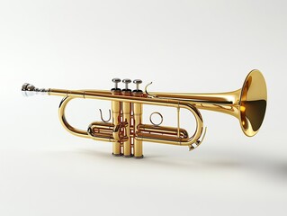 Obraz premium Golden brass trumpet is highlighted against a stark, clear backdrop. Musical instrument, sound of music.