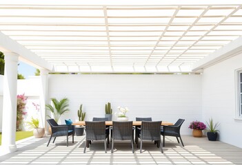 Clean white slatted patio roof, modern dining set, empty space, relaxation, geometric