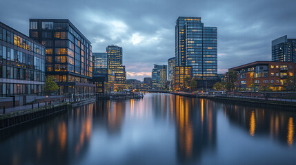 Naklejka premium Modern city skyline reflecting water dusk, showcasing vibrant architecture and serene atmosphere