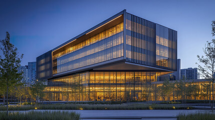 Obraz premium Modern business district architecture with glowing lights at dusk, showcasing sleek design