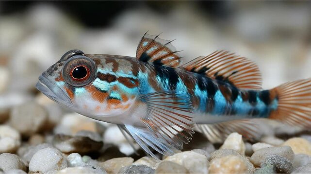 Exotic goby fish with brown, blue, and orange patterns swimming over light colored pebbles underwater in clear fresh water aquarium