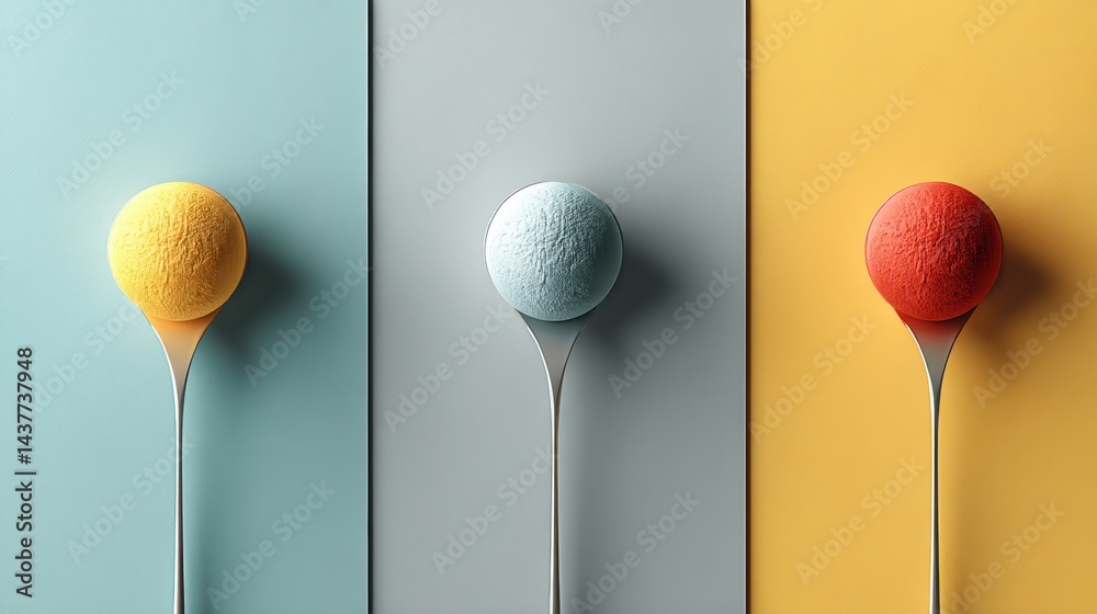 Poster minimal three-color ice cream scoops arranged on utensils with a clean, symmetrical layout set again