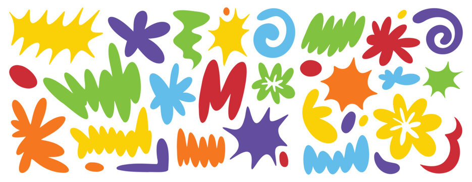 Abstract funny bright squiggle shapes set. Creative positive color doodle elements. 