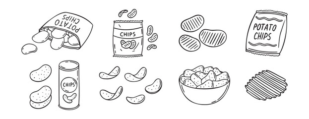 Potato chips doodle hand drawn icon set. Outline drawing crispy snack line clipart symbol