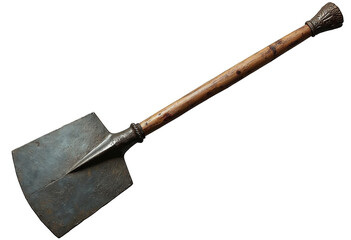 Broad flat-bladed medieval spade with simple wooden shaft, isolated side view, cut out cleanly against a seamless pure white background with margins.

