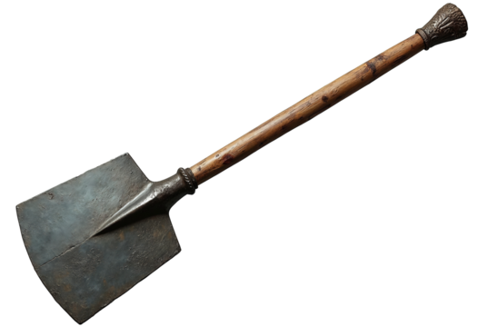 Broad flat-bladed medieval spade with simple wooden shaft, isolated side view, cut out cleanly against a seamless pure white background with margins.

