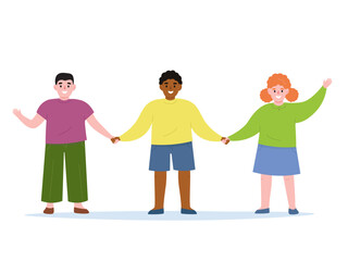 Cheerful happy children hold hands, make friends together. Group of boys and girls smiling. Vector flat graphics.