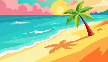 A serene tropical beach illustration with a vibrant sunset, calm ocean waves, and palm trees on the sandy shore.
