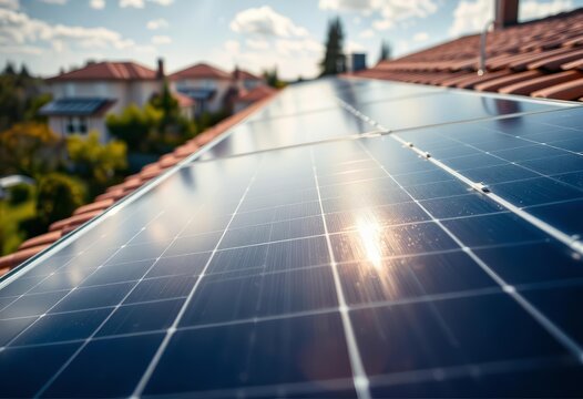 Close-up of solar panel cells on residential roof, showing texture and detail, technology, roof