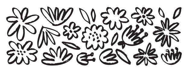 flowers black ink brush grunge drawing, monochrome botanical illustration isolated icons. Hand drawn floral vector elements clipart