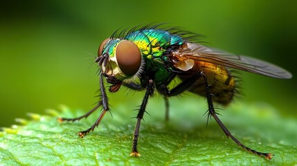 Naklejka premium Jewel fly perched on leaf, green background, macro nature shot