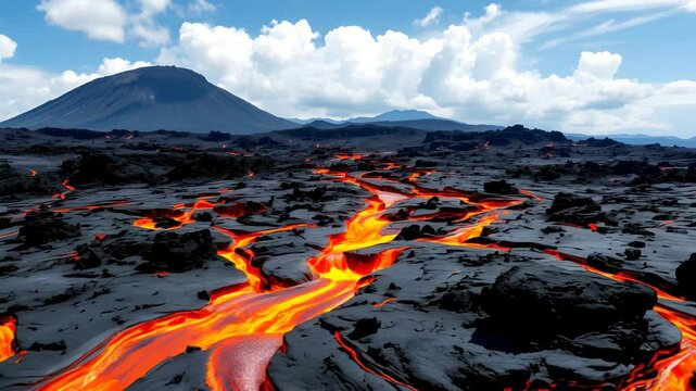 Vibrant lava lava with majestic volcano and scenic mountain landscape in the background