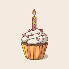 a cupcake with a candle hand drawn vector graphic illustration cartoon concept 1