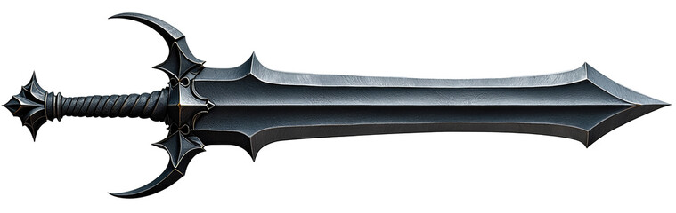 Cut-out Gothic greatsword with darkened blade and aggressive spiked crossguard, side profile view, isolated on a clean white background with margins.

