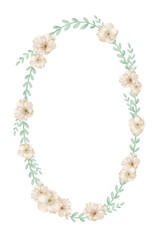 Oval floral Frame made with watercolor beige Flowers and greenery. illustration of circular Wreath for wedding invites or baby shower greeting cards. Template for childish invitations in pastel colors