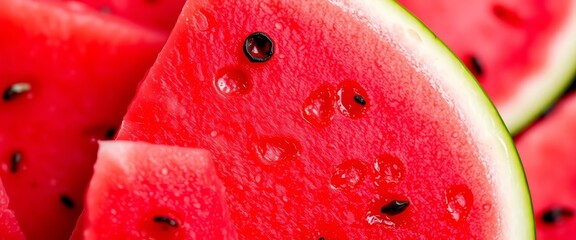 Close-up vibrant red watermelon slices, juicy texture, fresh, refreshing