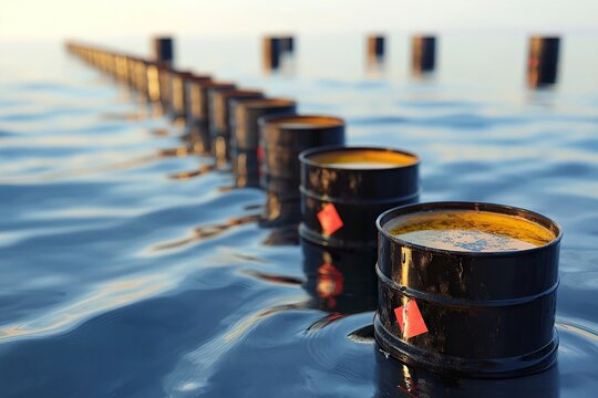 Barrels adrift in water, creating an environmental concern for pollution and ecological damage