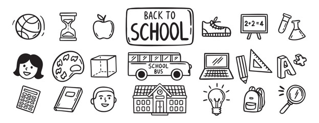Back to School doodle hand drawn icon set. Outline drawing school items line clipart symbol collection 