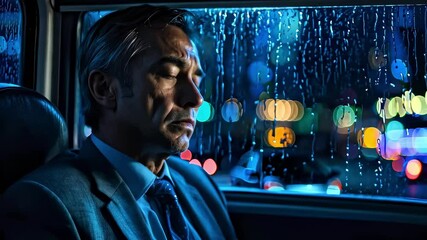 Tired businessman resting on a bus at night in the rain - Powered by Adobe