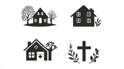 Fototapeta premium Four black house designs and a cross with plant symbols, for web or app use