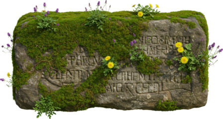 Ancient Mossy Stone Inscription with Wildflowers Dandelions and Lavender