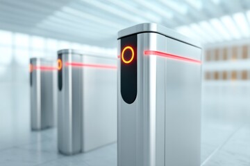 Modern turnstiles with sleek design and illuminated indicators in a spacious environment showcasing access control technology concept