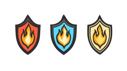 Obraz premium Fire protection shields, safety icons, white background, design elements