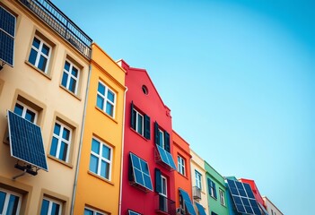 Obraz premium Colorful urban building facade with solar panels against a blue sky , urban, eco-friendly
