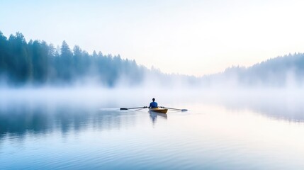 Calm lake, misty morning, solo kayaker