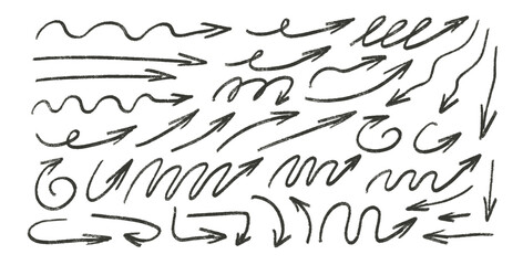 Arrows hand drawn set. Straight and curved thin pointers doodle elements. Scribble freehand arrow markers Vector illustration by pencil. Grunge chalk freehand graphic on white background.