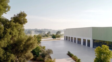 Fototapeta premium Modern warehouse nestled in a verdant landscape