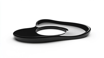 Glossy black, oval, contoured dish with a hole, on a white background, used as home decor