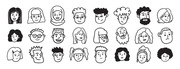Faces people different avatars doodle hand drawn icon set. Outline drawing head people line clipart symbol collection © Yanka