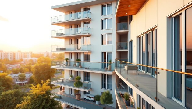 Cozy apartment building rendering; large glass-railed balconies, ample empty space, outdoor, clean